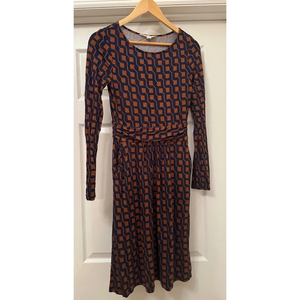 Boden Jersey Dress Women 4R Navy Blue Rust Geometric Long Sleeve Pocketed